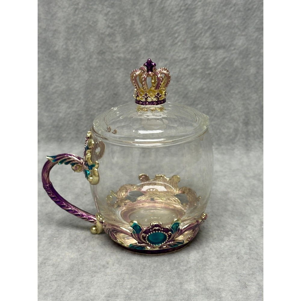 Luminarc Glass Tea Mug Cup Purple Gold Crown Lid Ornate Cup - Picture 3 of 9